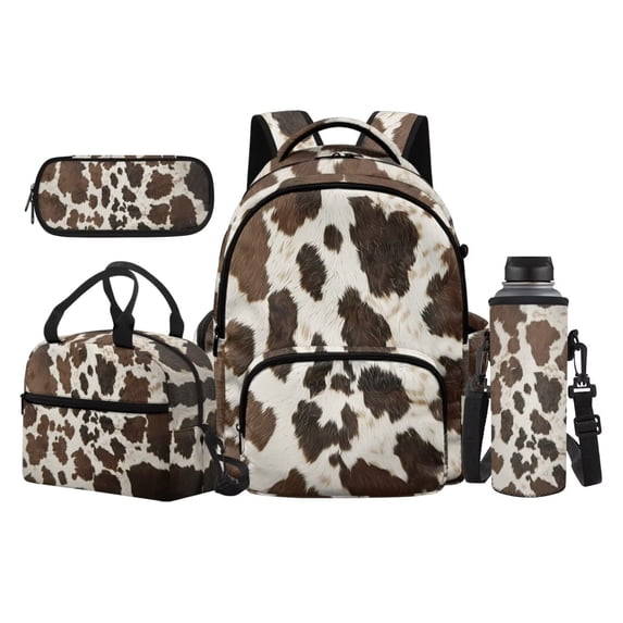 Jeiento Brown Cow Print 17 Inch Kids Schoolbag and Backpack Set 4-Piece Lunch Bag Pencil Case Water Bottle Holder Lightweight Tear-Resistant Large Capacity Book Bag