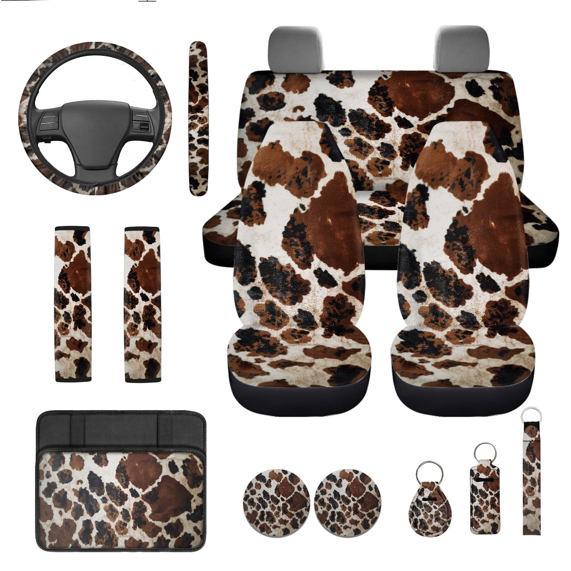 Jeiento Brown Cow Print Auto Seat Cover Full Set 13 Pack Universal Car Accessories Set Steering Wheel Cover Armrest Pad Seatbelt Pad Cup Mat Keychain Fit for Most Vehicles