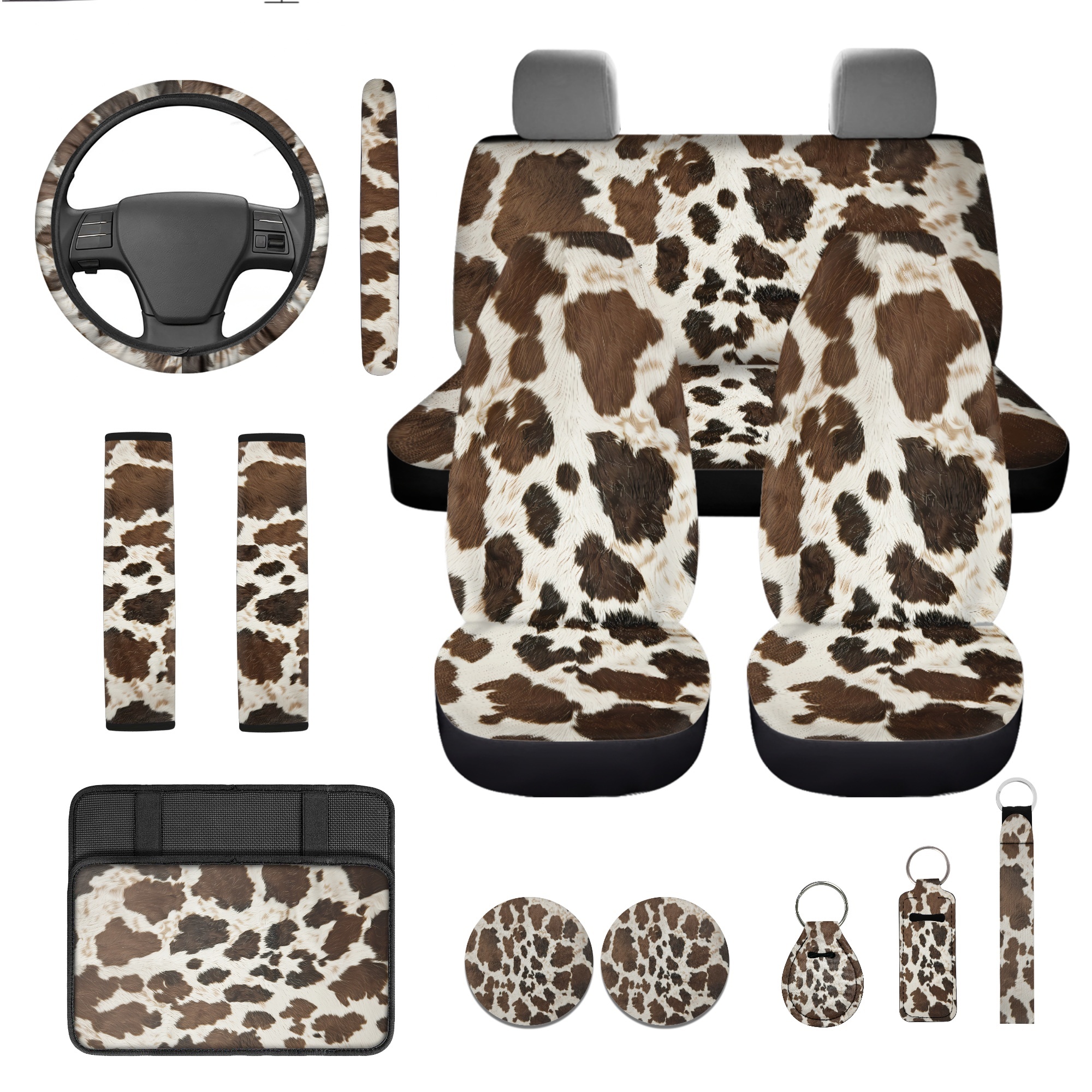 Jeiento Brown Cow Print Car Seat Covers Front Rear Split Bench Full Set Steering Wheel Seat Belt Pads Coasters Armrest Pad Keychain Chapstick Holder, 13 PCS Automobile Interior Sets
