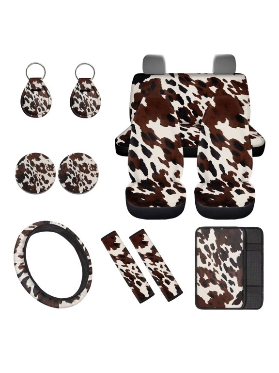 Brown Cow Print Car Seat Covers Full Set with Steering Wheel Cover Center Console Pad Seat Belt Pads Cup Coasters 12 Pcs Auto Decor Universal Fit for Most Vehicles