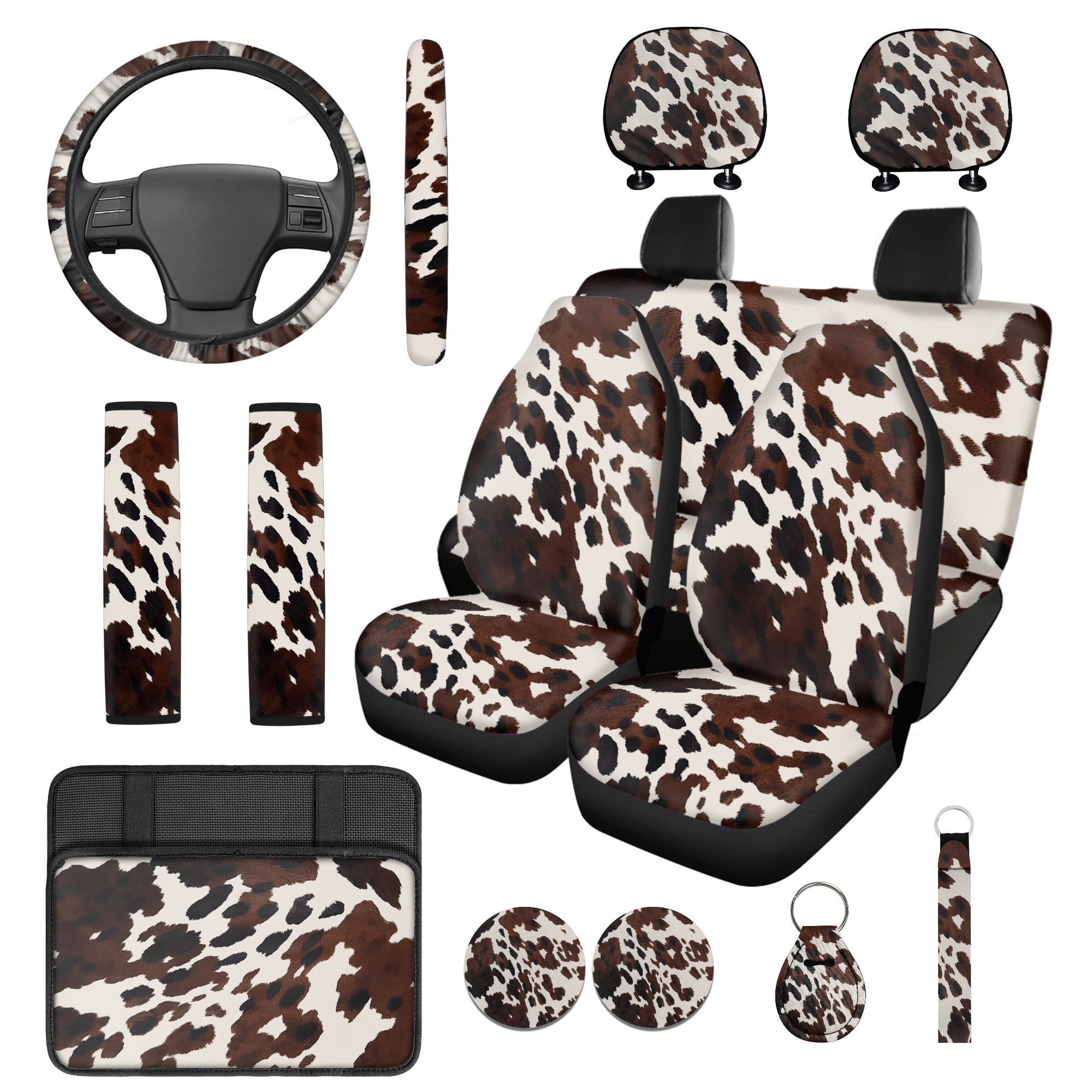 Jeiento Brown Cow Print Car Seat Covers Full Set Steering Wheel Cover Safe Belt Pads Coasters Center Console Cover Head Rest Covers Keychain, Set of 14 Interior Auto Accessory Easy Install