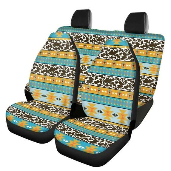 Jeiento Brown Cow Spots Aztec Geometry Southwestern Tribal Non Slip Front Set and Rear Split Bench Seat Covers Premium Polyester Seat Covers,Entire Seat Protection,4 Piece Set