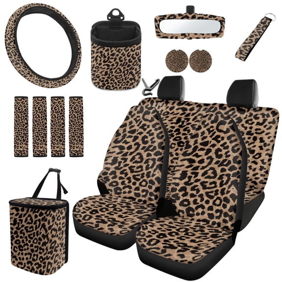 Jeiento Brown Leopard Car Accessories Car Seats Cover Protector,Air Vent Storage Pocket,Rear View Mirror Protector,Seat Belt Strap Protector,Trash Bag,Coaster,Keychain Pack of 15