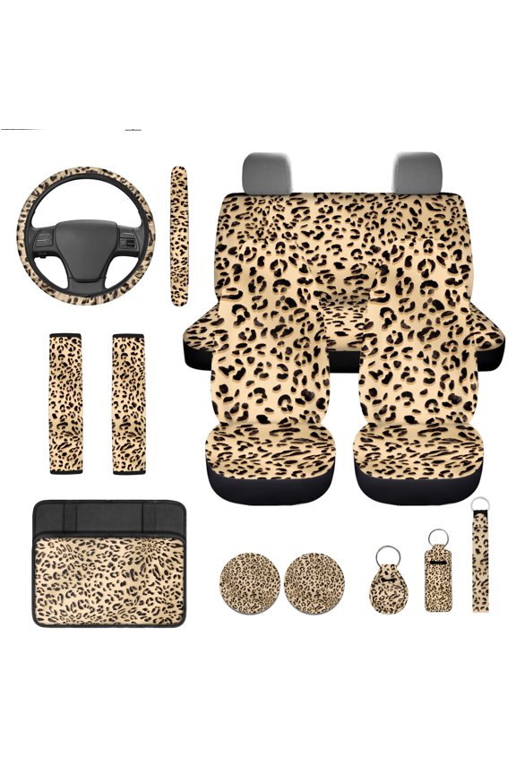 Brown Leopard Print Car Front Back Seat Covers Steering Wheel Cover Armrest Cover Pad Sunflowers Seat Belt Pads Coasters Keychain Universal Fit, 13 PCS Automobile Interior Sets