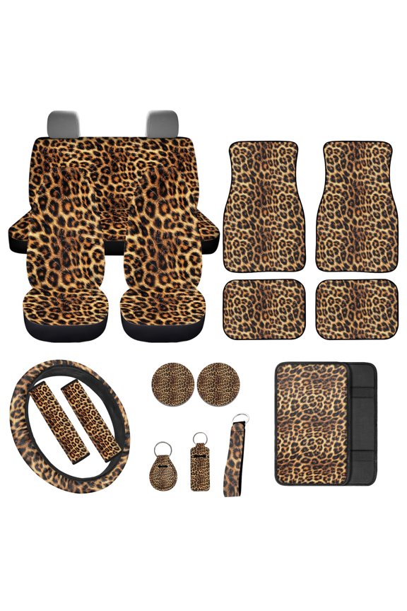 Brown Leopard Print Car Interior Cover Sets, Front Rear Seat Covers with Steering Wheel Cover Floor Mats Car Seat Belt Pads Center Console Covers Cup Coaster Keychain, 17 PCS
