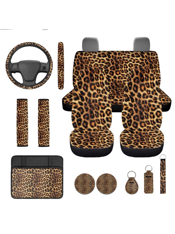 Brown Leopard Print Car Seat Cover Full Set of 13 Steering Wheel Cover Seatbelt Pads Auto Armrest Cover Coasters Key Chain Interior Auto Accessory Fit for Van SUV Sedan Truck