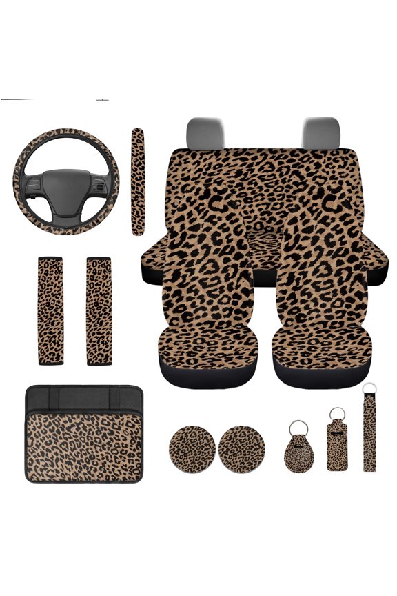 Brown Leopard Print Car Seat Cover Full Set with Steering Wheel Cover Seat Belt Strap Pads Armrest Pad Coasters Keychain Lipstick Holder 13 PCS Automobile Accessory Interior Decor