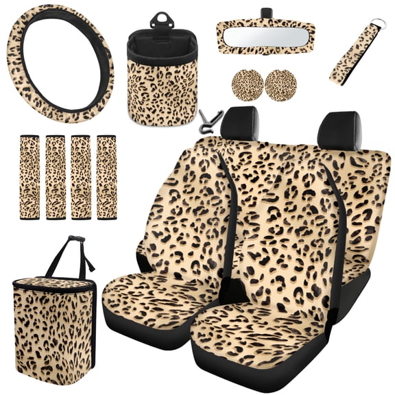 Jeiento Brown Leopard eat Covers Front Rear Split Bench Full Set+Steering Wheel Cover+Seatbelt Cover+Garbage Can+Air Vent Hanging Storage+Rear View Mirror Protector+Coasters+Keychain 15 PCS