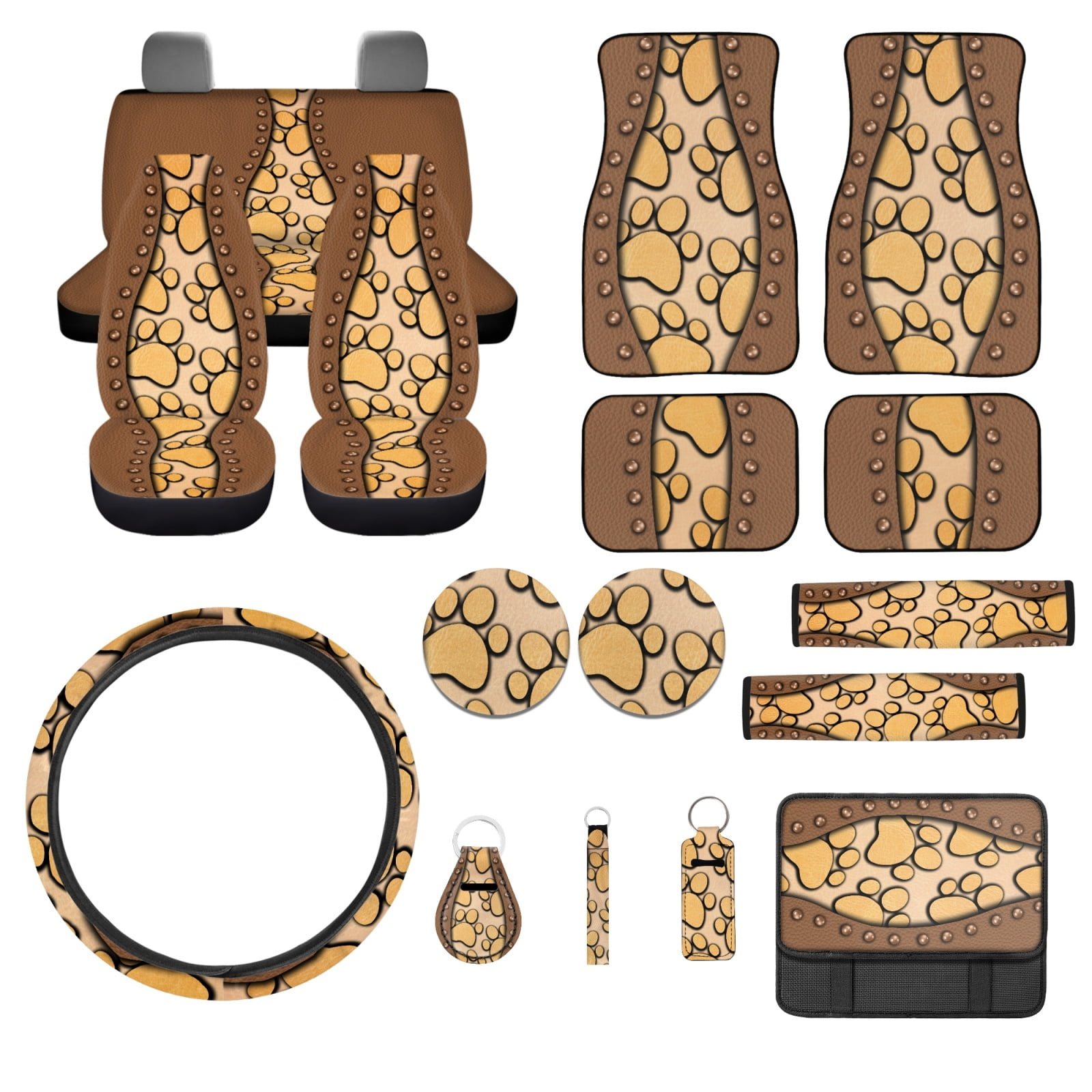 Jeiento Brown Paw Print Car Accessories Full Set Auto Seat Covers Floor Mats Steering Wheel Cover Armrest Cover Safety Belt Pad Cup Coasters Keychains 17 Pack Universal Fit for Most Vehicles