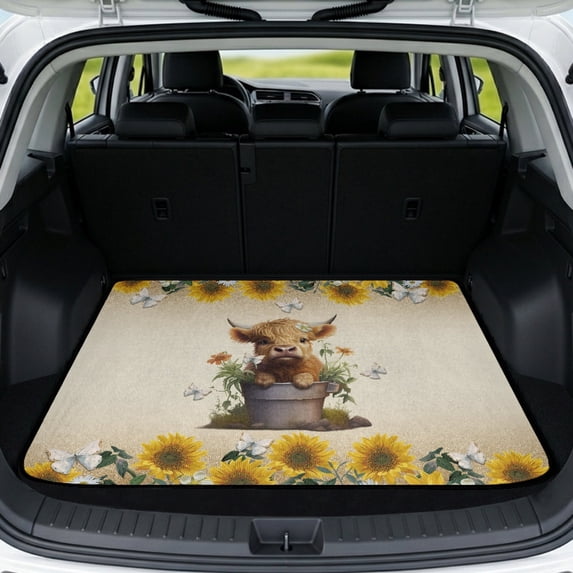 Jeiento Bucket Highland Cow Sunflower Car Cargo Mat Universal Fit Trunk Pad Western Farm Pattern For Road Trip Camping Daily Use