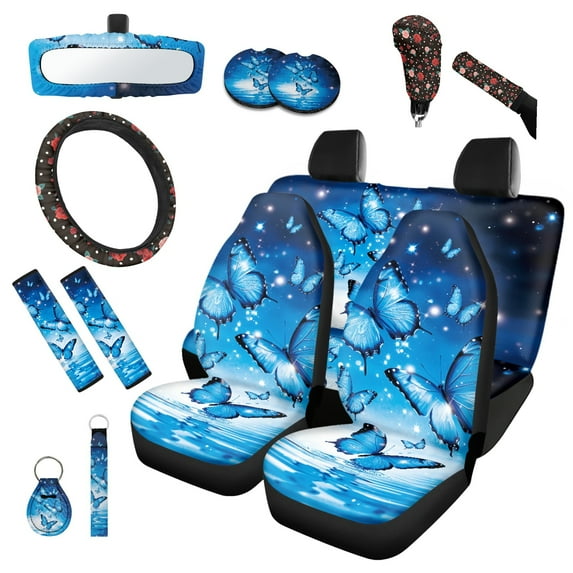 Jeiento Butterflies 14 PCS Car Seat Cover Full Set, with Steering Wheel Cover Seat Belt Strap Cover Rear View Mirror Cover Cup Coaster Keychain Blue Gear Shift Knob Cover Set Universal Fit
