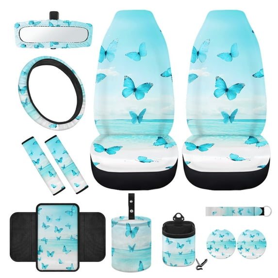 Jeiento Butterfly 12 PCS Front Car Seat Cover Full Set, with Steering Wheel Cover Blue Seat Belt Covers Armrest Protector Trash Can Air Vent Holder Rear View Mirror Cover Coasters Keychain for SUV