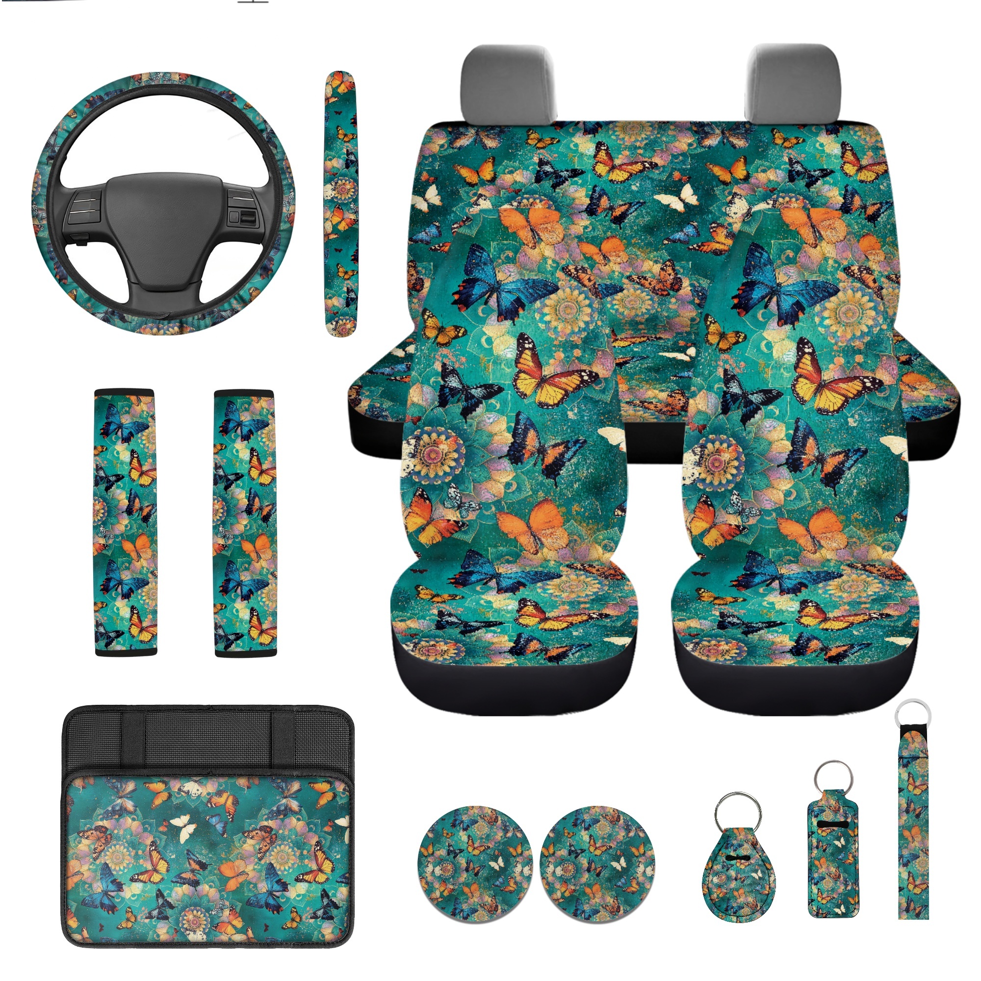 Jeiento Butterfly 13 PCS Car Seat Cover Full Set with Auto Steering Wheel Cover Seat Belt Strap Pads Cup Coasters Armrest Pad Boho Flower Keychains Chapstick Holder Universal Fit Easy Install