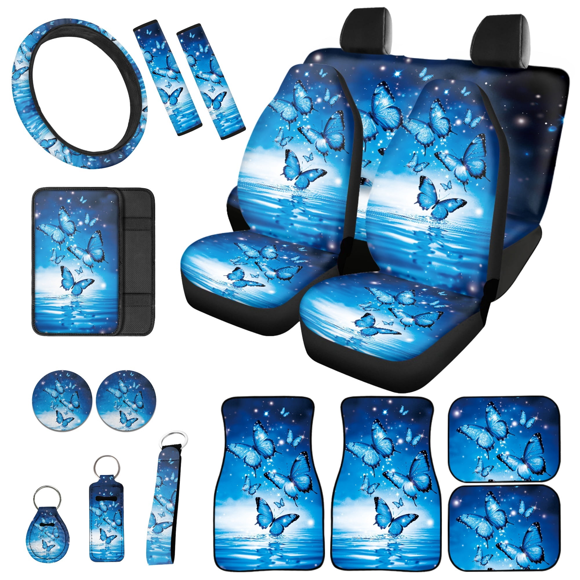 Jeiento Butterfly 17 Pieces Car Seat Cover Full Set for Women, Car Floor Mat, Seat Belt Cover for Adult Steering Wheel Cover Car Accessories for Car SUV Truck, Blue