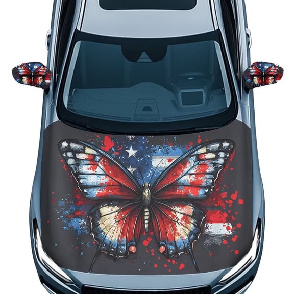 Jeiento Butterfly American Flag Car Hood Cover Pack with Mirror Covers Comfortable Car Hood Protector Soft Car Mirror Accessories with Two Buckles Universal Size for Sedans
