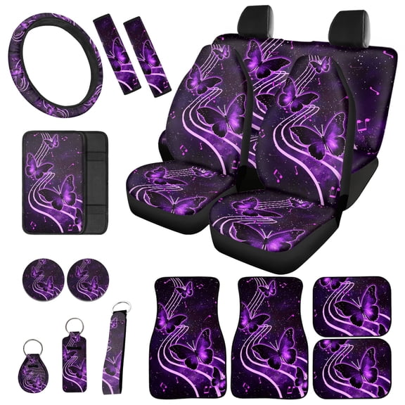 Jeiento Butterfly Auto Seat Covers Full Set, Universal Fit Car Front Rear Seat Covers Music Note Floor Mats Center Console Pad Safety Belt Pad Cup Coasters Keychain for Car Truck Sedan SUV Purple