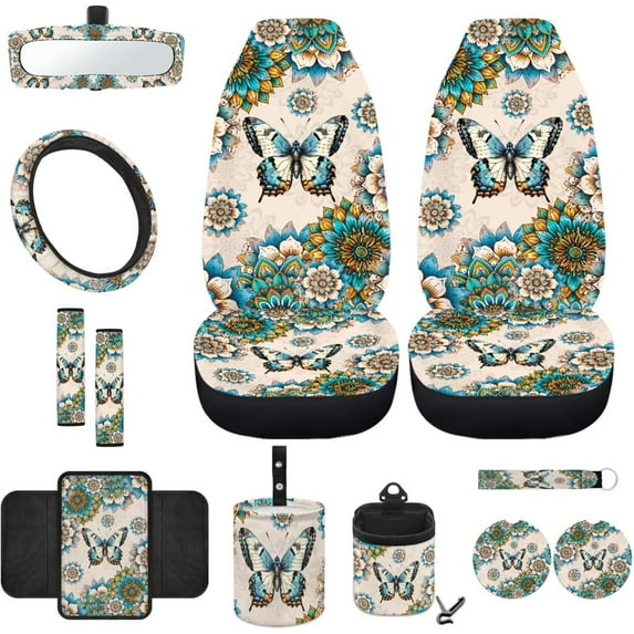 Jeiento Butterfly Automobile Interior Sets Front Seat Protector Steering Wheel Cover Seatbelt Pads Armrest Cushion Trash Bag Rearview Mirror Cover Air Vent Pouch Coasters Dahlia Keychain 12 Pieces