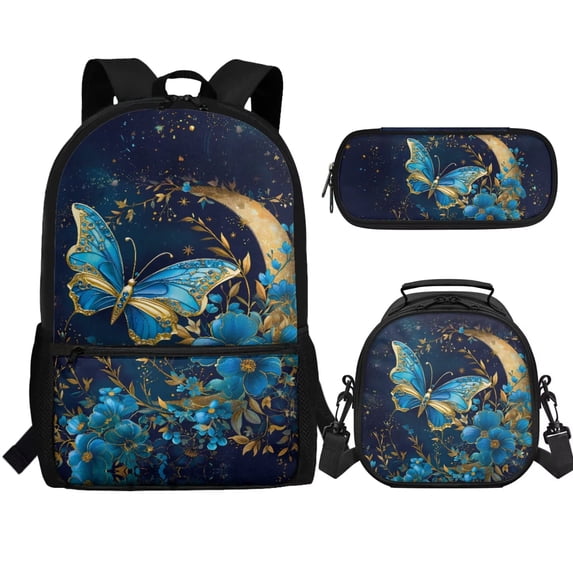 Jeiento Butterfly Backpack for Girls 6-8 8-10 10-12 Moon Elementary School Kids Bookbag with Lunch Box and Pencil Case 3 In 1 Flower School Bags Satchel Daycare Bag