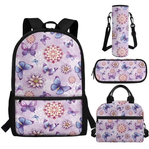 Jeiento Butterfly Backpack for School Girls 3rd/4th/5th Grade Kids Boys Bookbag with Lunch Box and Pencil Case Water Bottle Holder Hydrangea Elementary School Bags Middle Preschool Back Packs Purple