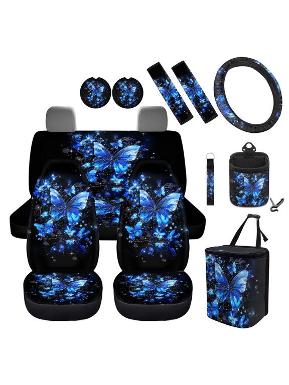 Butterfly Blue Car Seat Cover Split Covers Set Car Steering Wheel Cover Seat Belt Pads Trash Bin Air Vent Holder Flower Cup Holder Wrist Key Chain 12 PCS Automotive Accessory Decor