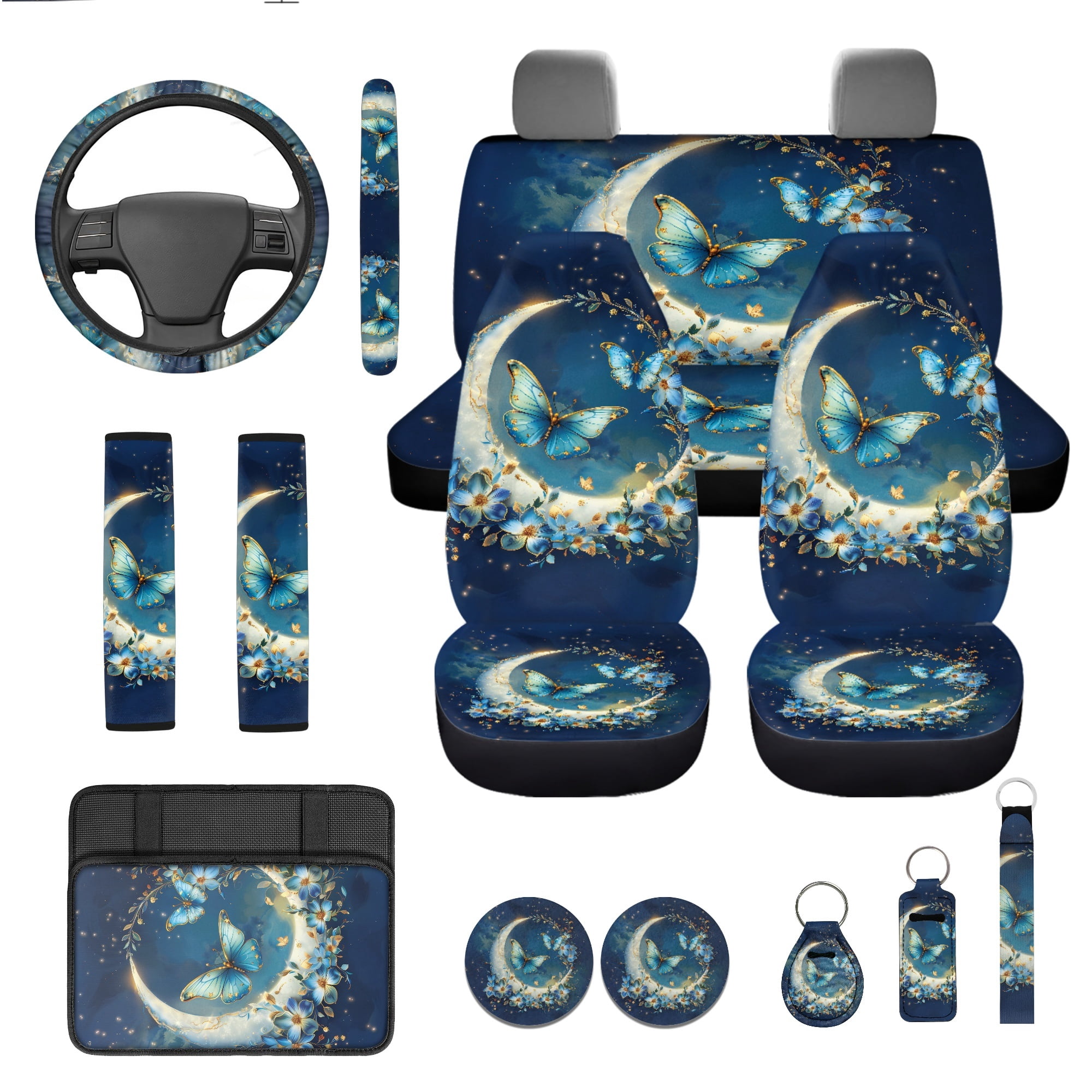 Jeiento Butterfly Car Accessories 13pcs Car Seat Covers and Steering Wheel Cover Moon Seat Belt Pad Cover Auto Armrest Cover Cushion Keychain Cup Holders Universal Fit