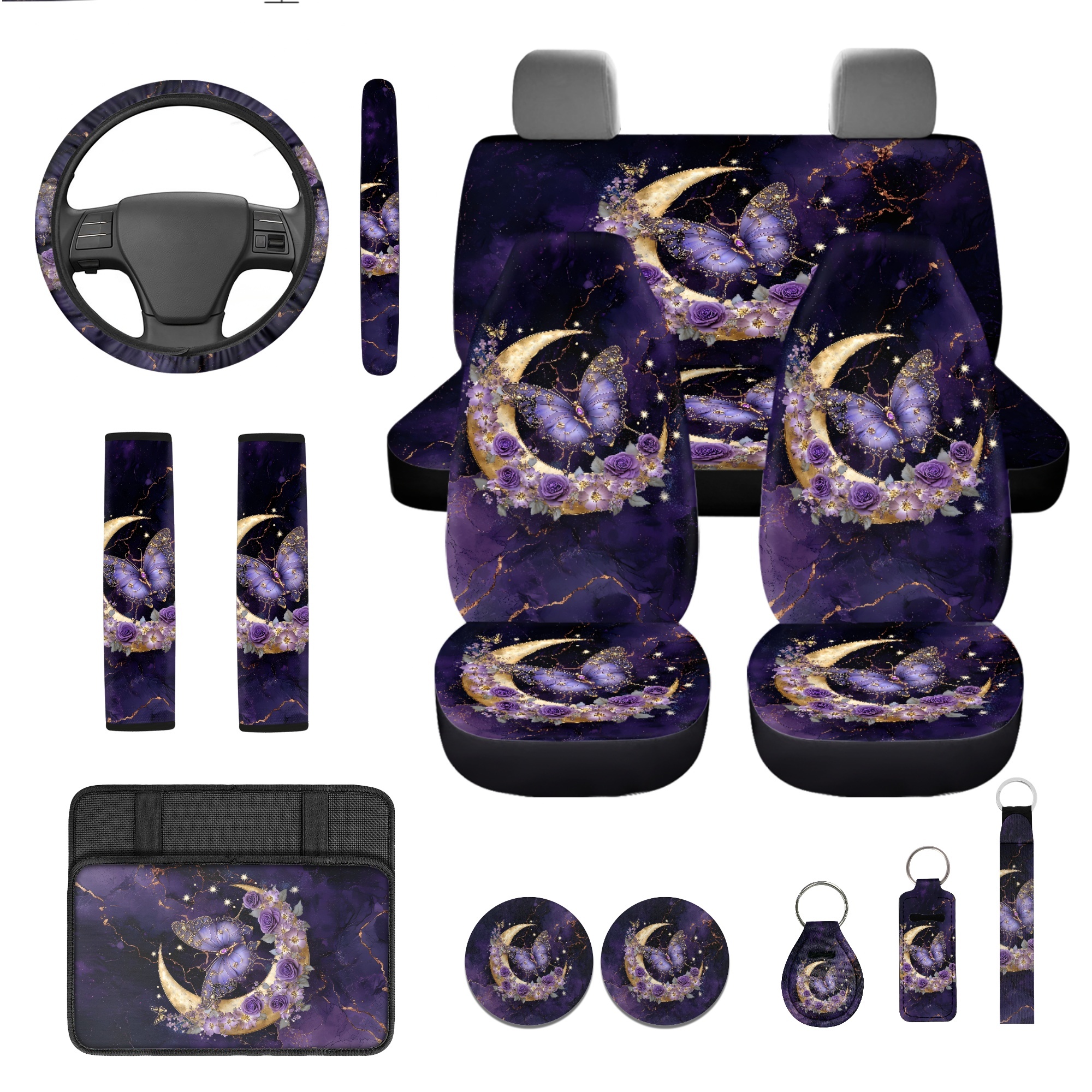 Jeiento Butterfly Car Accessories Full Set Car Seat Cover Steering Wheel Cup Holder Armrest Pad Moon Keychain Lipstick Holder Purple Interior Auto Decor Fit Most Cars Truck SUV Van Sedan, 13 PCS