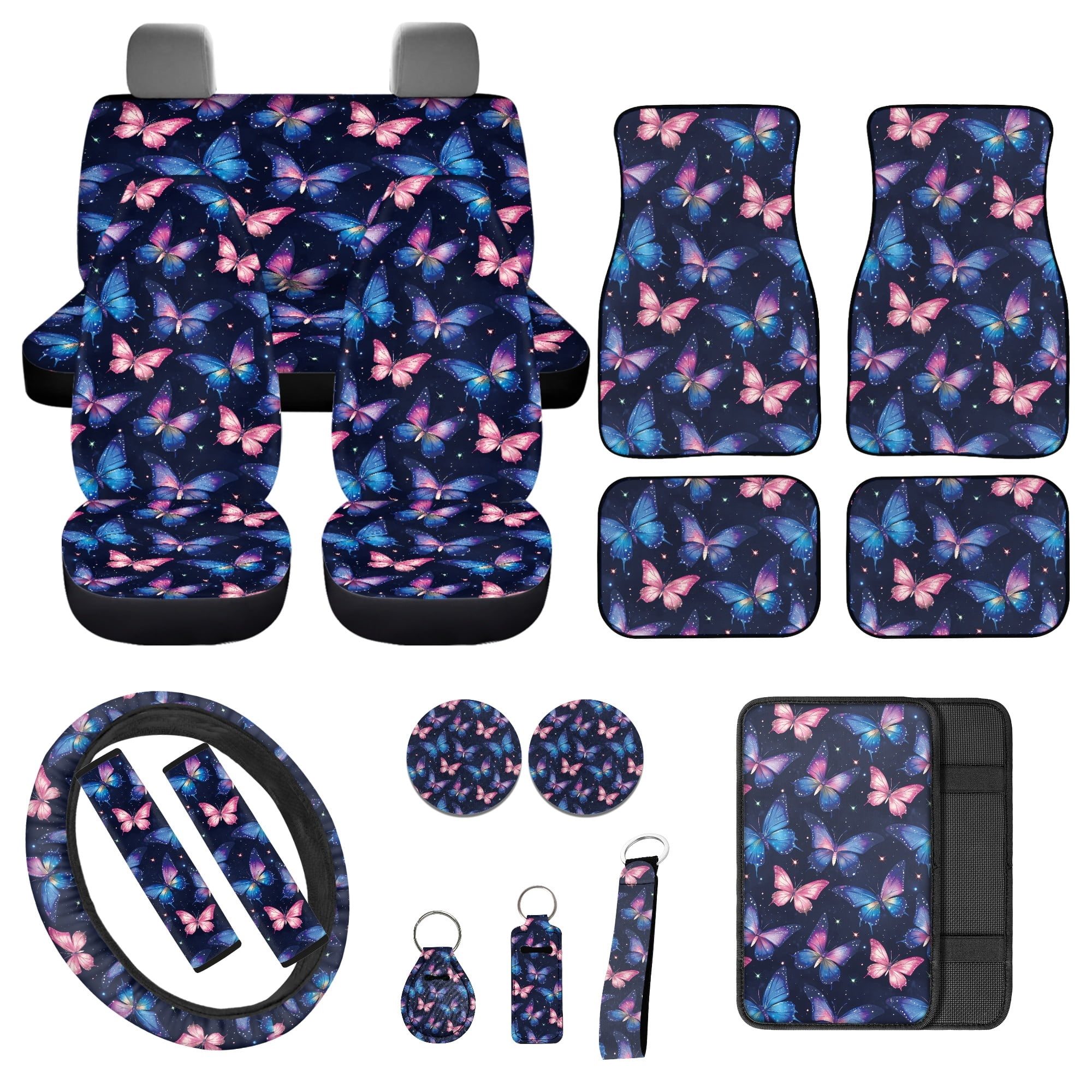 Jeiento Butterfly Car Accessories Full Set for Women, Automotive Vehicle Seat Cover, Decorative Car Floor Mat Steering Wheel Cover Center Console Pad Fit for SUV Van Truck Sedan, Blue Pink