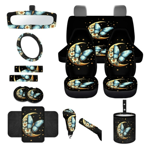 Jeiento Butterfly Car Accessories Sets 14pcs Car Seat Cover Protector Steering Wheel Cover Seatbelt Pads Auto Armrest Cover Trash Bin Rearview Mirror Cover Handbrake Cover Set Coasters Floral Moon