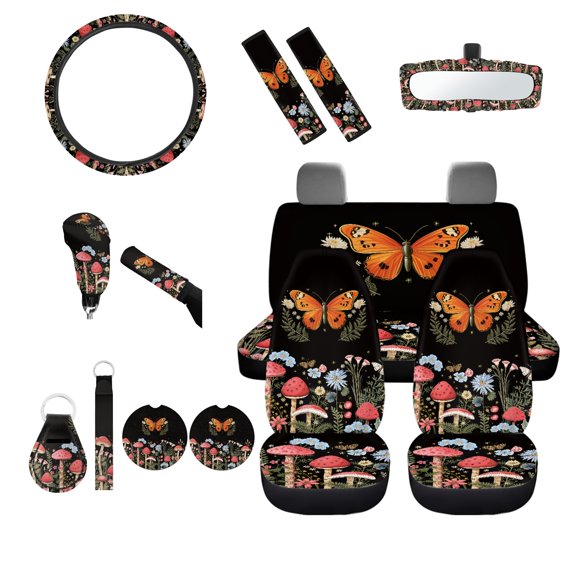 Jeiento Butterfly Car Front Back Seat Covers Full Set with Mushroom Steering Wheel Cover Safe Belt Pad Gear Shift Knob Cover Set Rear View Mirror Cover Floral Keychain, 14pcs Auto Accessory