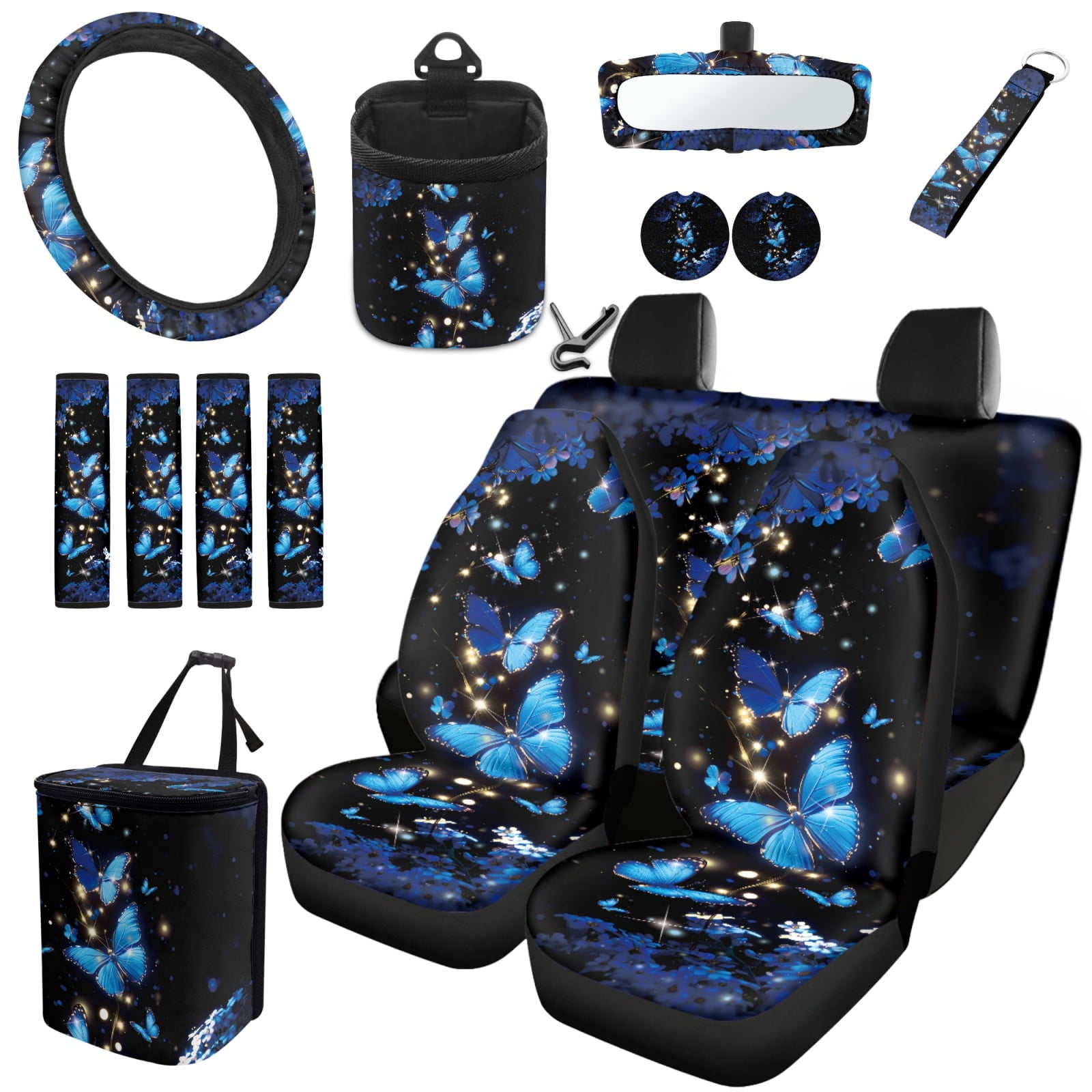Jeiento Butterfly Car Front Back Seat Covers with Steering Wheel Cover Seat Belt Pads Cup Coasters Garbage Cans Rear View Mirror Cover Keychain Blue Air Vent Storage Holder Set of 15