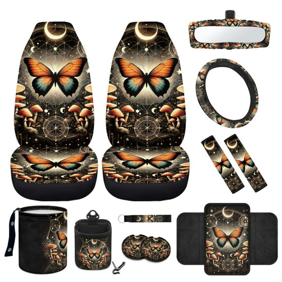 Jeiento Butterfly Car Front Seat Cover Set with Armrest Cover Pad Steering Wheel Cover Mushroom Seat Belt Pads Garbage Can Air Vent Pouch Rearview Mirror Cover Coasters Keychain, 12 Pieces