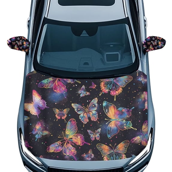 Jeiento Butterfly Car Hood Cover Pack with Mirror Covers Set of 3 Fashion Print Car Hood Protector Straps Reinforcement Vehicle Side Mirror Covers with Drawstrings for Most Sedans Great Gifts