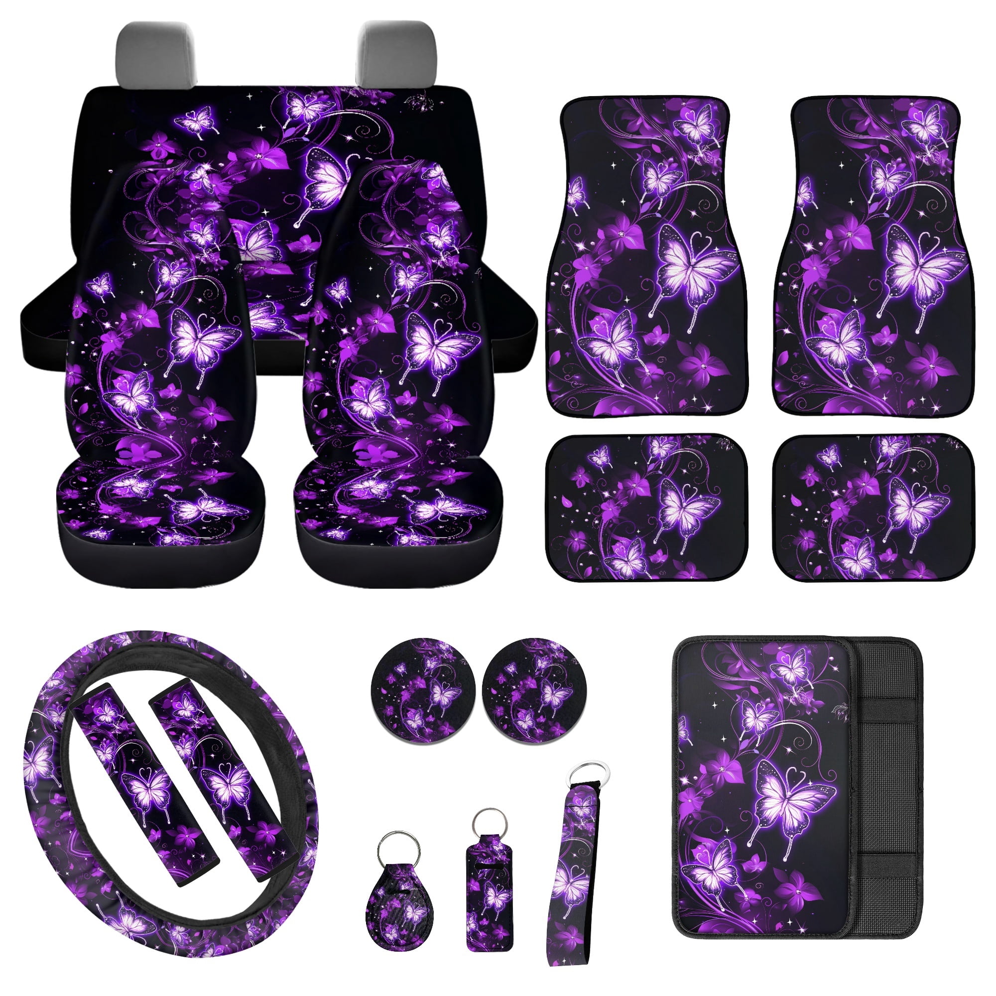 Jeiento Butterfly Car Seat Cover Full Set Car Floor Mats Steering Wheel Cover Seatbelt Pad Armrest Cover Coaster Keychains Chapstick Holder 17 Pack Auto Interior Accessories, Purple