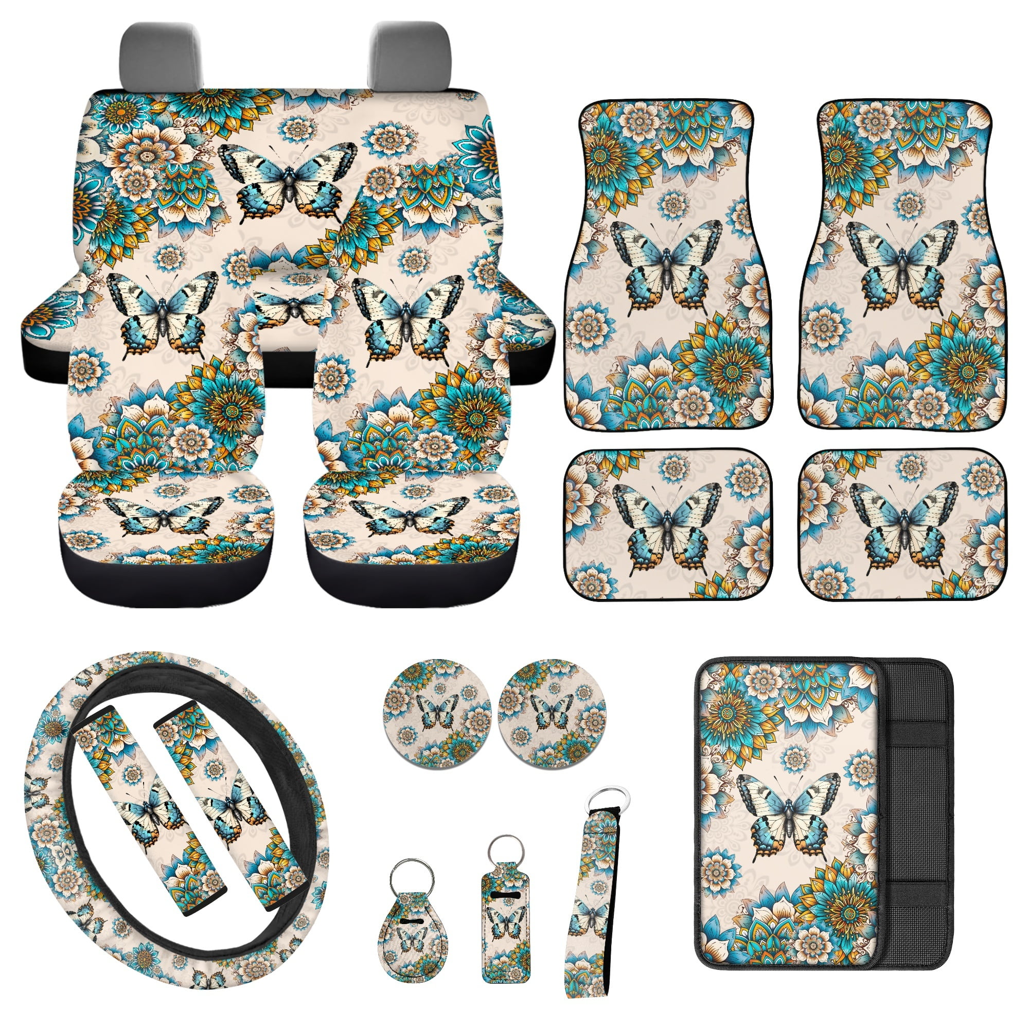 Jeiento Butterfly Car Seat Cover Full Set Car Floor Mats Steering Wheel Cover Seatbelt Pad Armrest Cover Cup Coaster Keychains Boho Flower Universal Auto Interior Accessories Set 17 Pack
