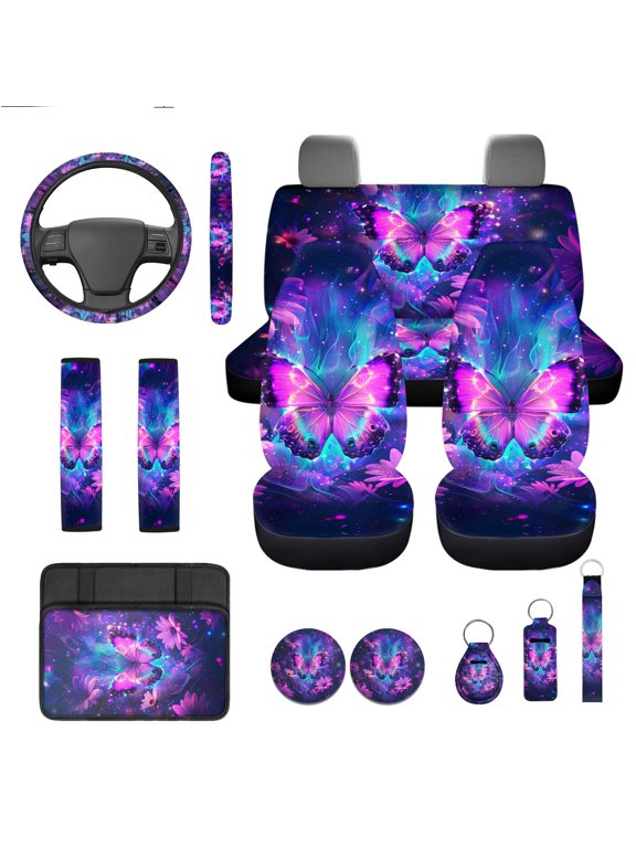 Butterfly Car Seat Cover Full Set with Steering Wheel Cover Seat Belt Pads Auto Armrest Covers Galaxy Sky Cup Holders Keychain Lipstick Holder Fit for Most Vehicles