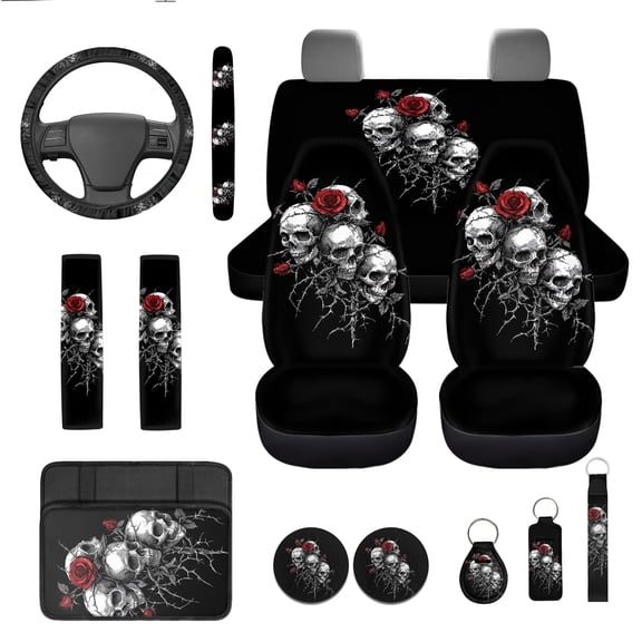 Jeiento Gothic Skull Auto Seat Cover Full Set 13 Pack Universal Car Accessories Set Rose Steering Wheel Cover Armrest Pad Seatbelt Pad Cup Mat Keychain Fit for Sedan SUV Van