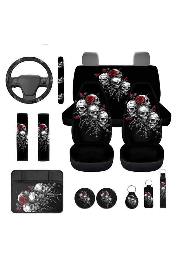 Gothic Skull Auto Seat Cover Full Set 13 Pack Universal Car Accessories Set Rose Steering Wheel Cover Armrest Pad Seatbelt Pad Cup Mat Keychain Fit for Sedan SUV Van