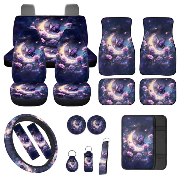 Jeiento Butterfly Car Seat Cover Full Set for Women Men, 17 Pack Car Seat Covers Floor Mats Moon Flower Steering Wheel Cover Seatbelt Cover Armrest Cover Automobile Accessories, Purple