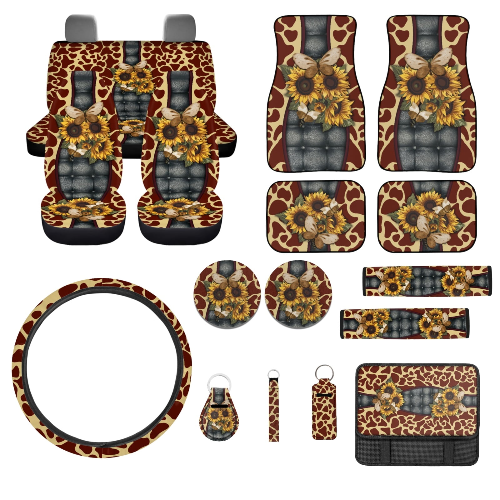 Jeiento Butterfly Car Seat Cover Full Sets Car Front and Back Floor Mats Steering Wheel Covers Armrest Cover Sunflower Car Seat Belt Covers Coaster Keychain 17pcs Auto Accessories Set for Woman Men
