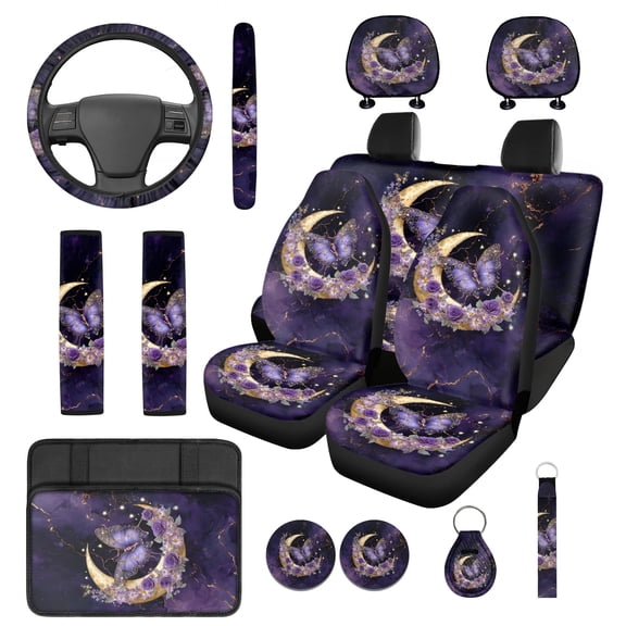 Jeiento Butterfly Car Seat Cover Set 14 PCS Steering Wheel Cover Headrest Covers Moon Seat Belt Covers Armrest Pad Keychain Cup Coasters, Purple Auto Accessory Decor Interior Sets