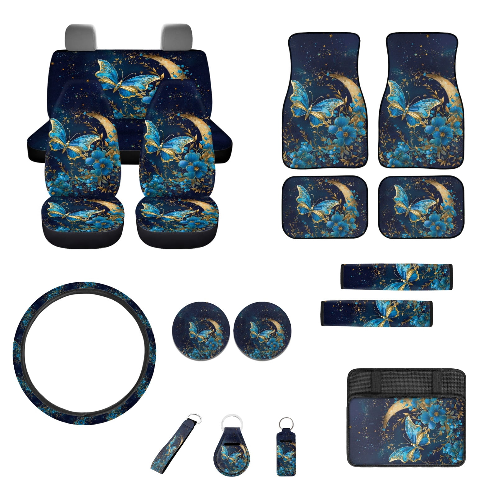 Jeiento Butterfly Car Seat Cover Set of 17 Car Floor Mat Steering Wheel Cover Armrest Cover Safety Belt Pad Floral Cup Coasters Keychain Lipstick Holder Universal Automobile Accessory Interior