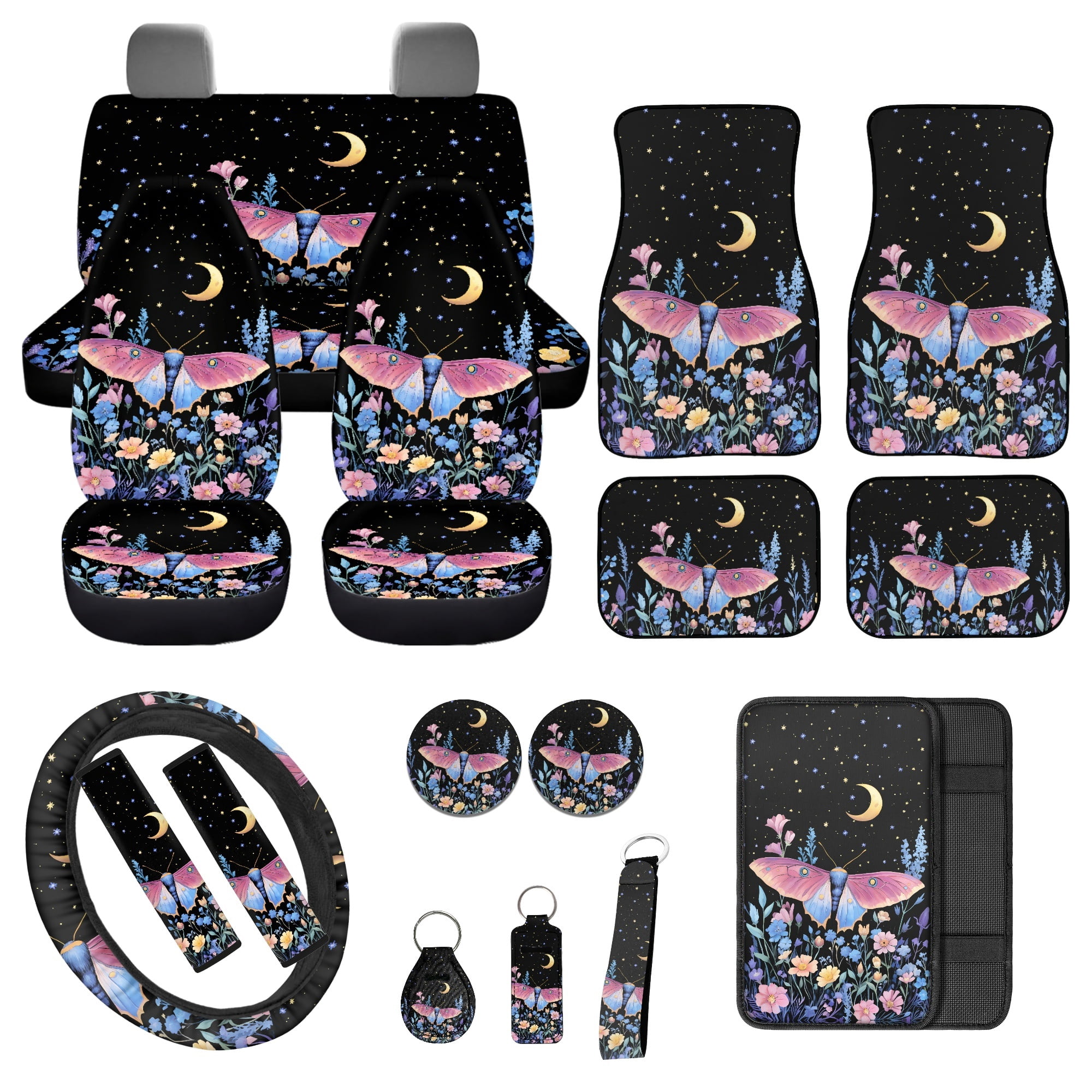 Jeiento Butterfly Car Seat Covers with Floor Mats Steering Wheel Cover Armrest Pad Seat Belt Cover Moon Flower Keychain Coasters Lipstick Holder for Sedan SUV Auto Accessories Set 17 PCS