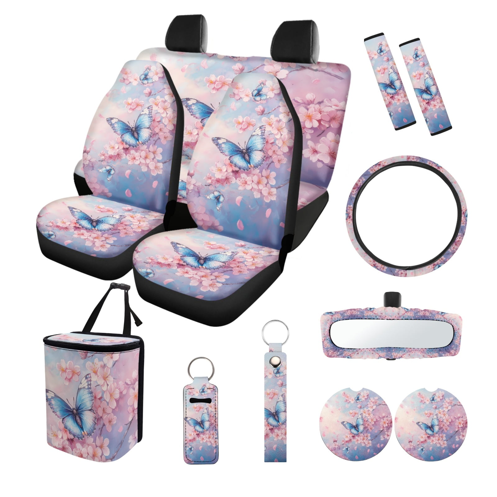 Jeiento Butterfly Car Seat Covers Full Set of 13 with Car Steering Wheel Cover Seat Belt Pads Floral Car Trash Can Auto Rear View Mirror Cover Car Coasters Chapstick Holder Keychain for Truck SUV