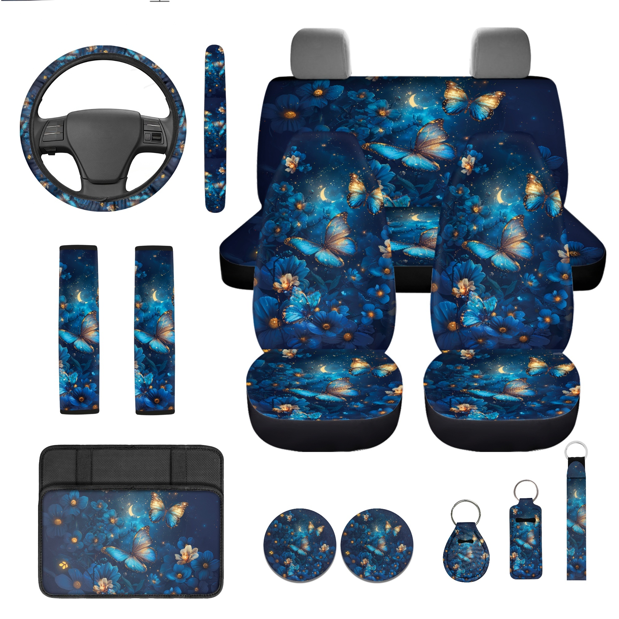 Jeiento Butterfly Car Seat Covers Full Set with Steering Wheel Cover Safe Belt Pads Coasters Center Console Cover Keychain Chapstick Holder Blue 13 PCS Auto Interior Sets Accessory