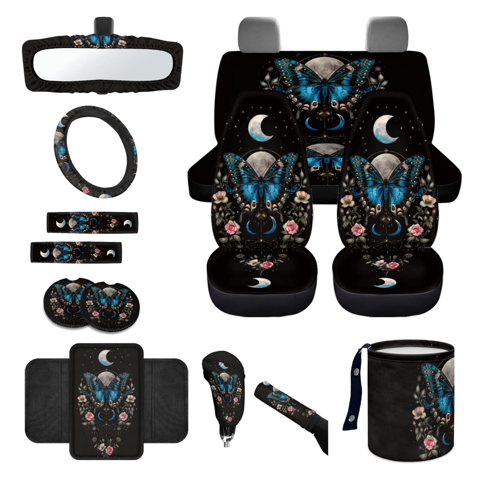 Jeiento Butterfly Car Seat Covers Full Set with Steering Wheel Cover Safe Belt Pads Moon Handbrake Cover Set Coasters Garbage Bin Rear View Mirror Cover Center Console Cover, 14 PCS