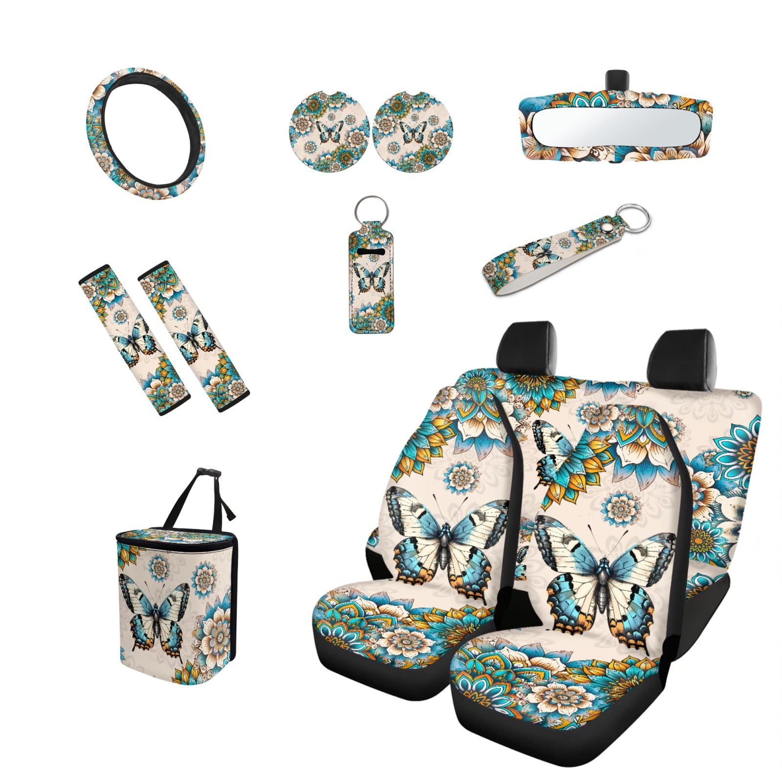 Jeiento Butterfly Car Seat Covers Set of 13 Car Seat Belt Pad Cover Dahlia Steering Wheel Cover Car Trash Can Rear View Mirror Cover Car Cup Coasters Keychains Chapstick Holder Universal Fit