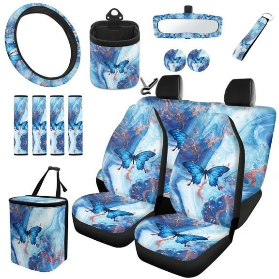 Jeiento Butterfly Car Seat Covers Set 15 Pack Car Seat Accessories Steering Wheel Cover Blue Marble Print Seat Belt Pads Trash Bin Car Air Vent Pouch Rear View Mirror Protector Coasters Key Chain