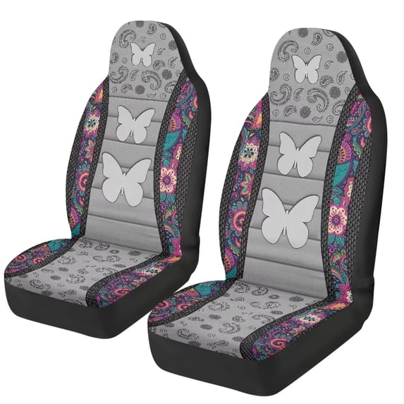 Jeiento Butterfly Car Seat Covers Set of 2 Breathable Front Seat Covers Waistline Print Stretch Polyester Fabric Cover Boho Floral Soft Front Seat Cover Universal Fit for Auto SUV