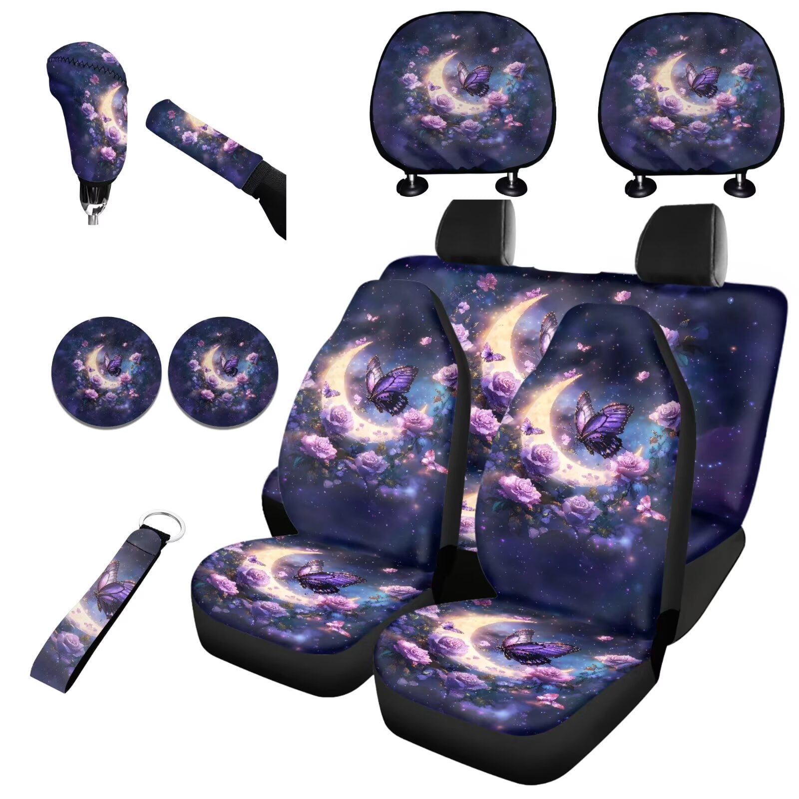 Jeiento Butterfly Moon 11 Pack Car Seat Covers for Women, Front Rear Seats Cover Keychain Headrest Cover Cup Coasters Handbrake Cover Gear Shift Cover Purple Automobile Interior Accessories