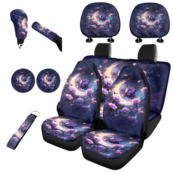 Jeiento Butterfly Moon 11 Pack Car Seat Covers for Women, Front Rear Seats Cover Keychain Headrest Cover Cup Coasters Handbrake Cover Gear Shift Cover Purple Automobile Interior Accessories